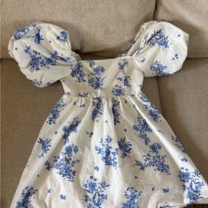 Altar'd State White Dress with Blue Floral Puff Sleeves